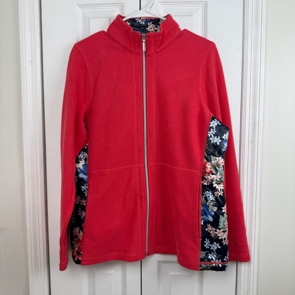 Tommy Bahama Red Full Zip Jacket Floral Trim Cotton Stretch L Women's Resort